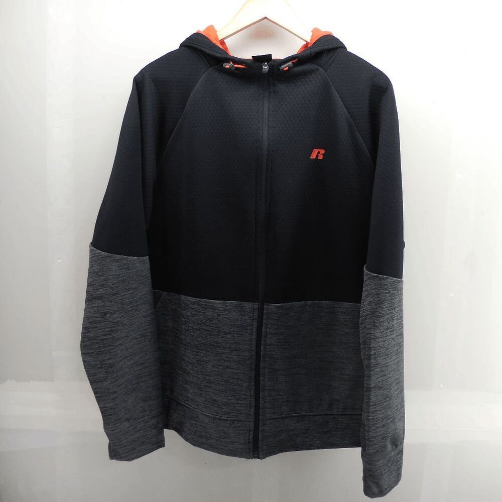 Russell Tech Hoodie Mens Large Fleece Black Gray Full Zip Warm Athletic Stretch